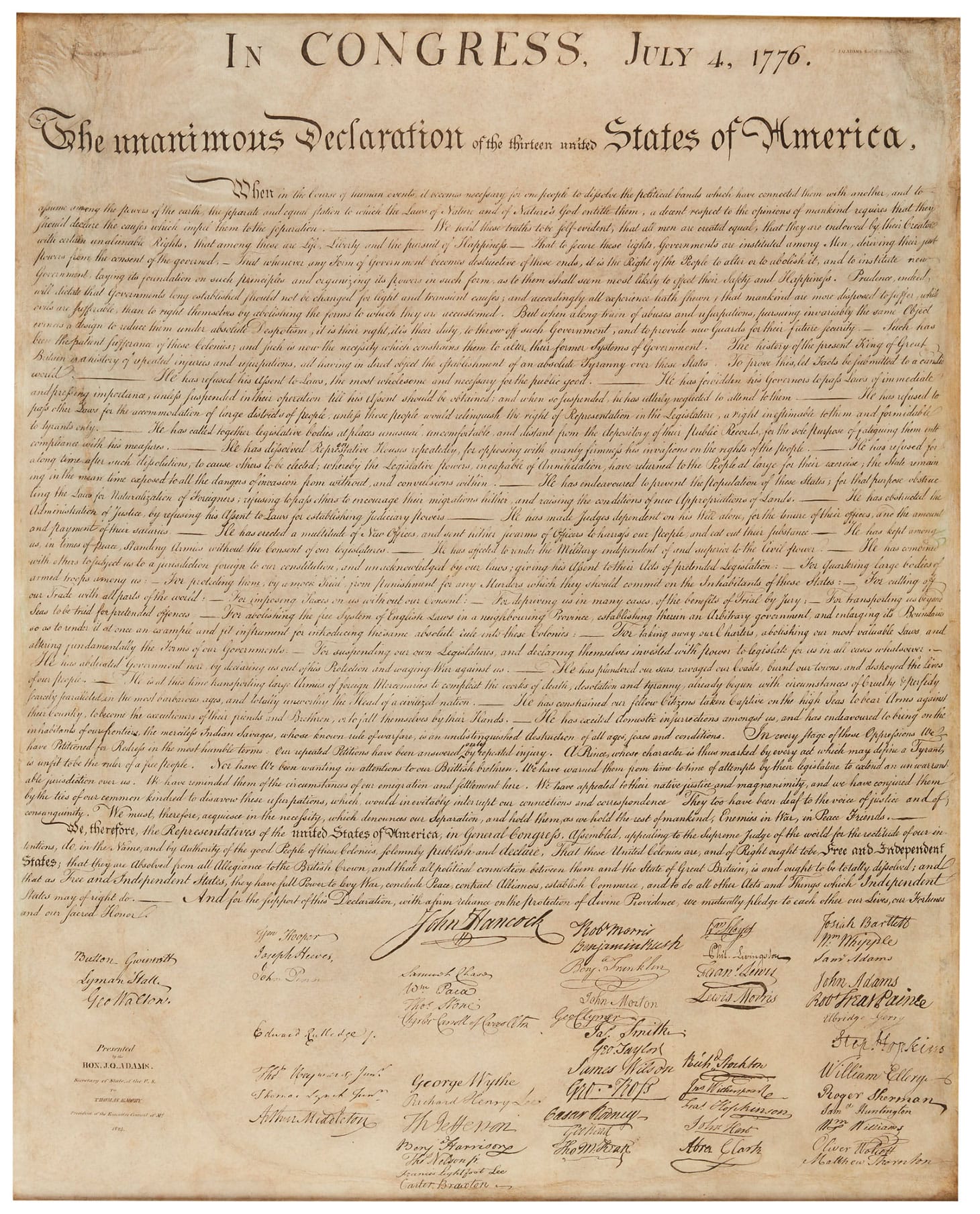 Declaration of Independence, the only known privately held copy of the celebrated William J. Stone facsimile for which provenance can be traced back to a direct ancestor who received in in 1824 (image courtesy Sotheby's)
