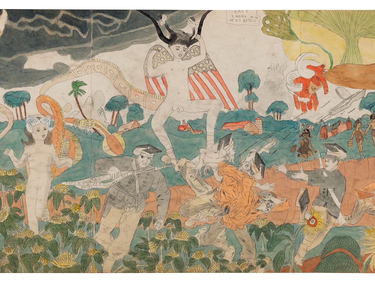 Henry Darger, "148 At Jennie Richee During fury of storm are unsuccessfully attached [sic] by Glandelinians/149 At Jennie Richee narrowly escape capture but Blengins come to rescue,&nbsp;double sided," detail, cropped, watercolor, carbon transfer, ink, graphite and collage on pieced paper, 108 1/4 x 23 inches (image courtesy Christie's)