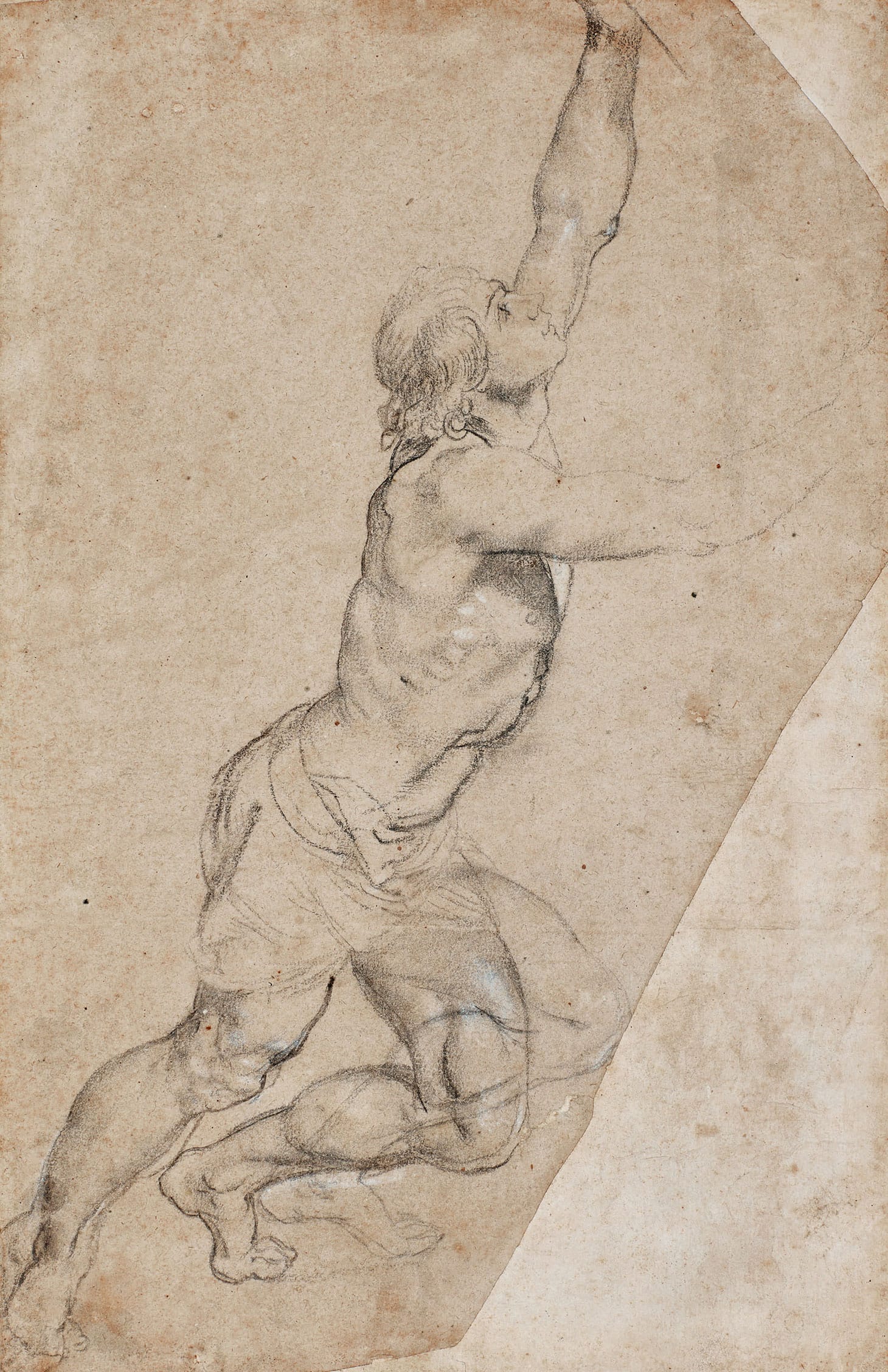 Sir Peter Paul Rubens, "Nude Study of a Young Man with Raised Arms," black chalk, heightened with white, the two right corners cut, 19 3/8 x 12 3/8 inches (image courtesy Sotheby's)