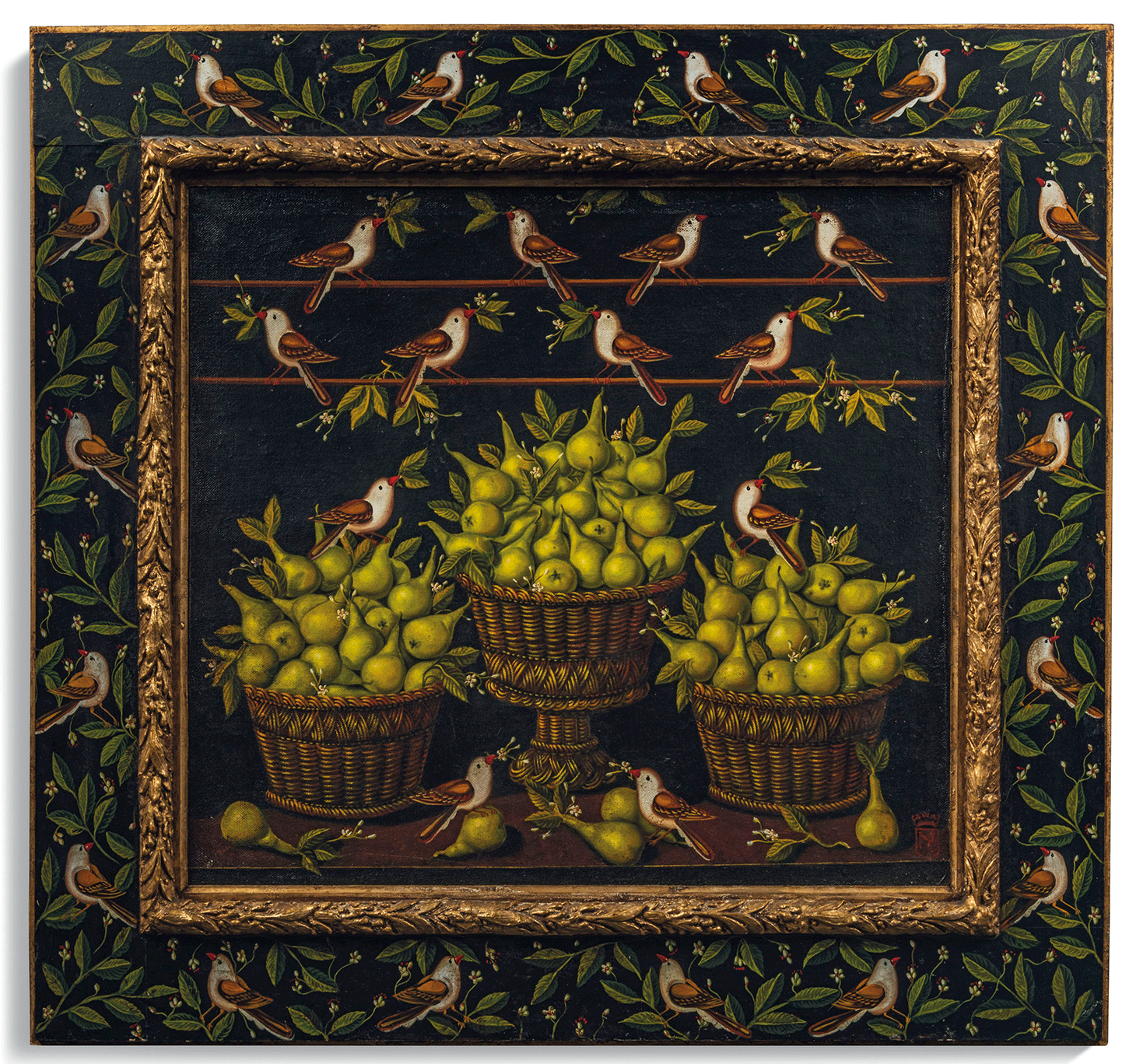 Studio of Miguel Canals, "Baskets of pears, birds and foliage," oil on canvas, in an artist's frame, 57 x 60 5/8 inches including the frame (image courtesy Christie's)