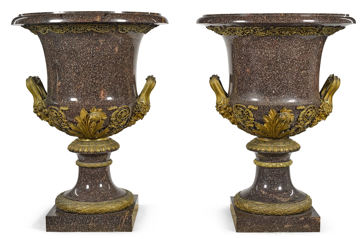A pair of large scale Swedish gilt-bronze mounted Blyberg porphyry vases, by the Elfdahls Porfyrwerk, the mounts, Paris (c. 1830), 3feet, 3 1/2 inches x 2 feet, 5 inches (image courtesy Sotheby's)