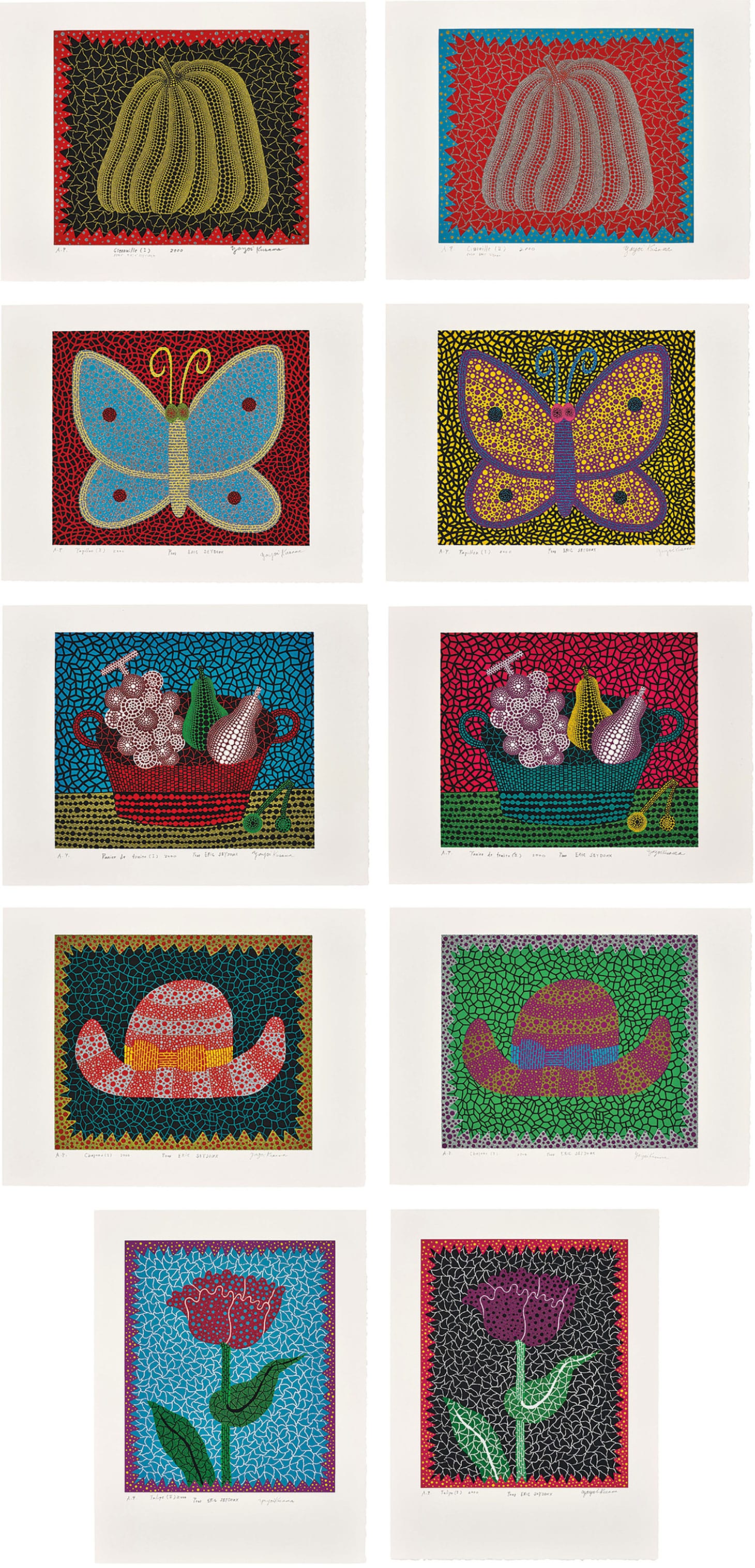 Yayoi Kusama, "Amour pour Toujours" (2000), the complete set of 10 screenprints in colors with glitter, on BFK Rives paper, with full margins, with accompanying poem by Alain Jouffroy, title page and colophon, the sheets loose (as issued) contained in the original handmade paper and embossed leather portfolio, portfolio 26 1/8 x 20 1/4 inches, eight S. 19 5/8 x 25 5/8 inches, two S. 25 5/8 x 19 5/8 inches (image courtesy Phillips)