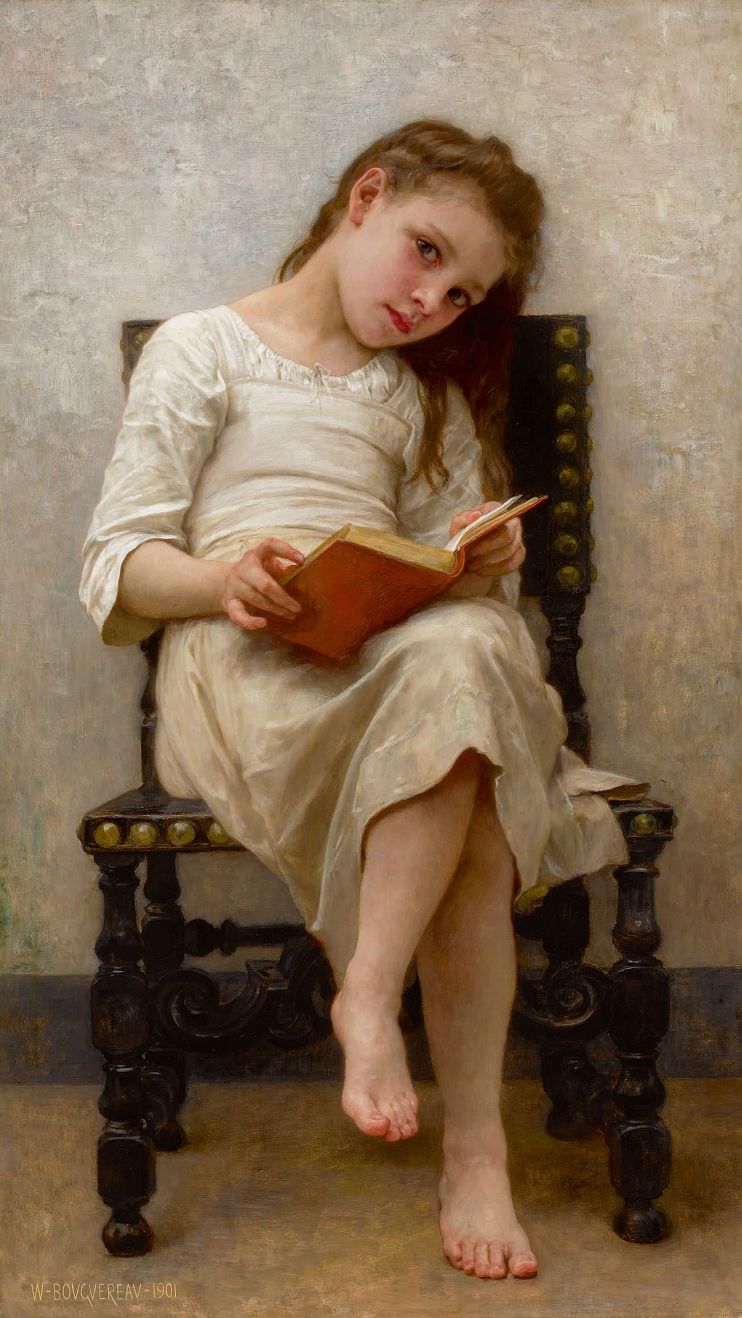 William Bouguereau, "Le Livre De Prix" (1901), oil on canvas, 45 1/2 x 22 1/8 inches (image courtesy Sotheby's)