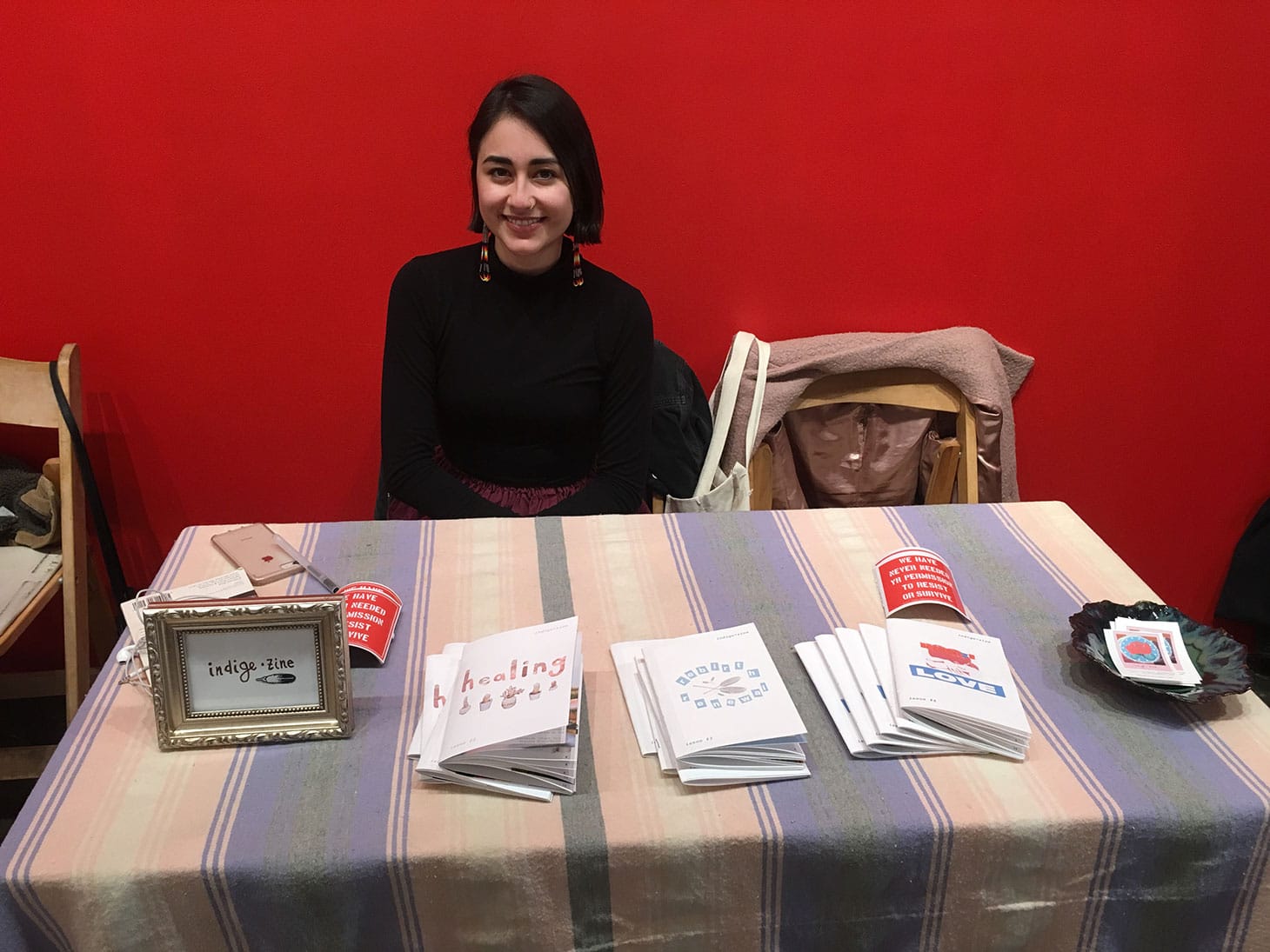 Braudie Blais-Billie at the Indige Zine table