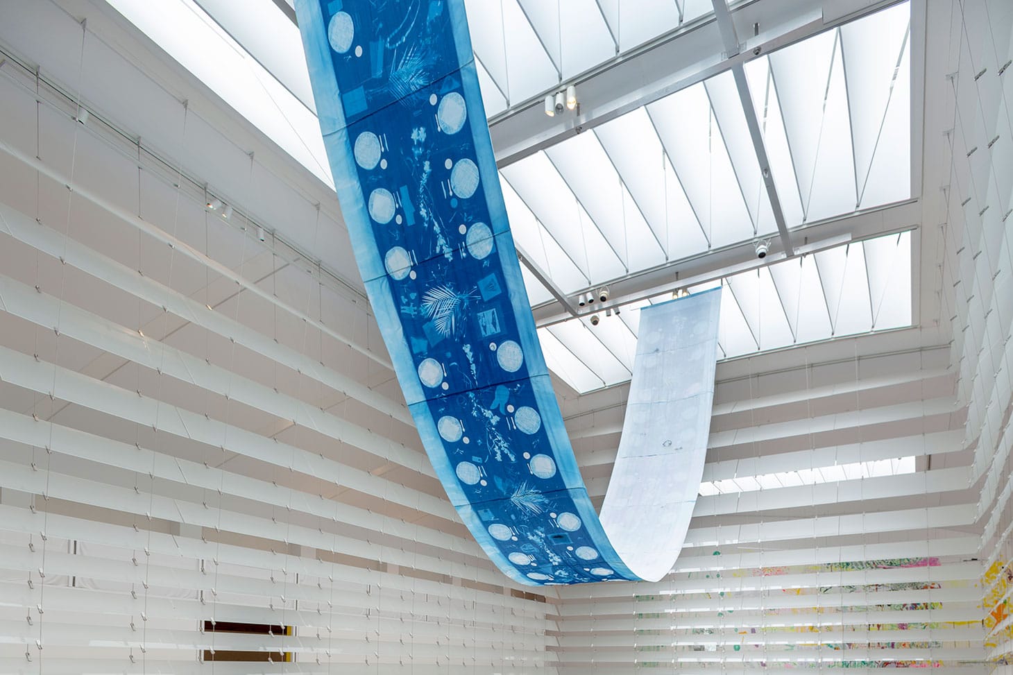 Essye Klempner, installation view of <em/>Volumes Cyanotype (2018) (image courtesy the Queens Museum, photo by Hai Zhang)