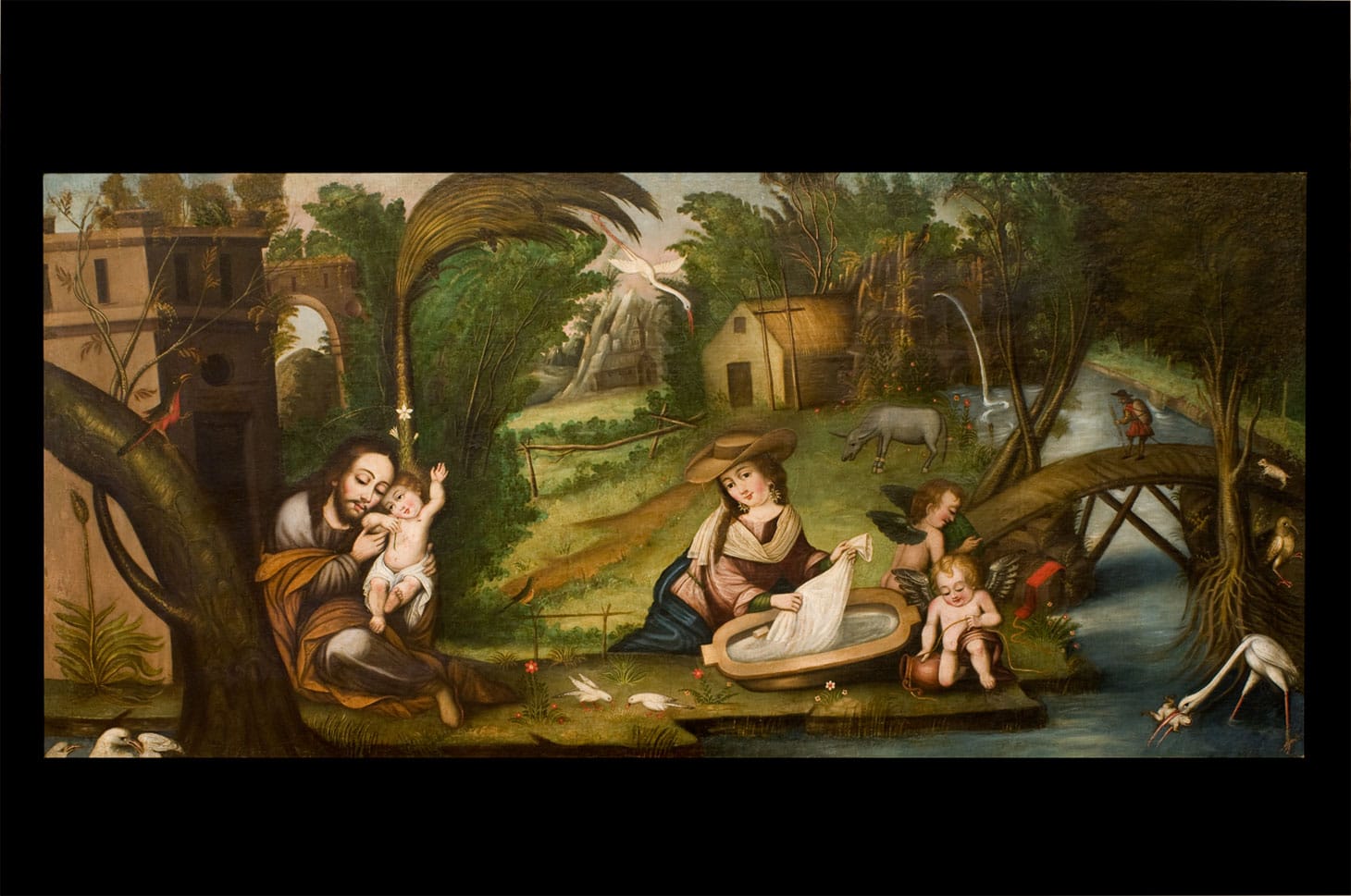 Unknown Artist, "Rest in the Flight into Egypt" (Bolivia, 18th century), oil on canvas, 32.06 x 69.69 inches (image courtesy the Blanton Museum of Art, The University of Texas at Austin)