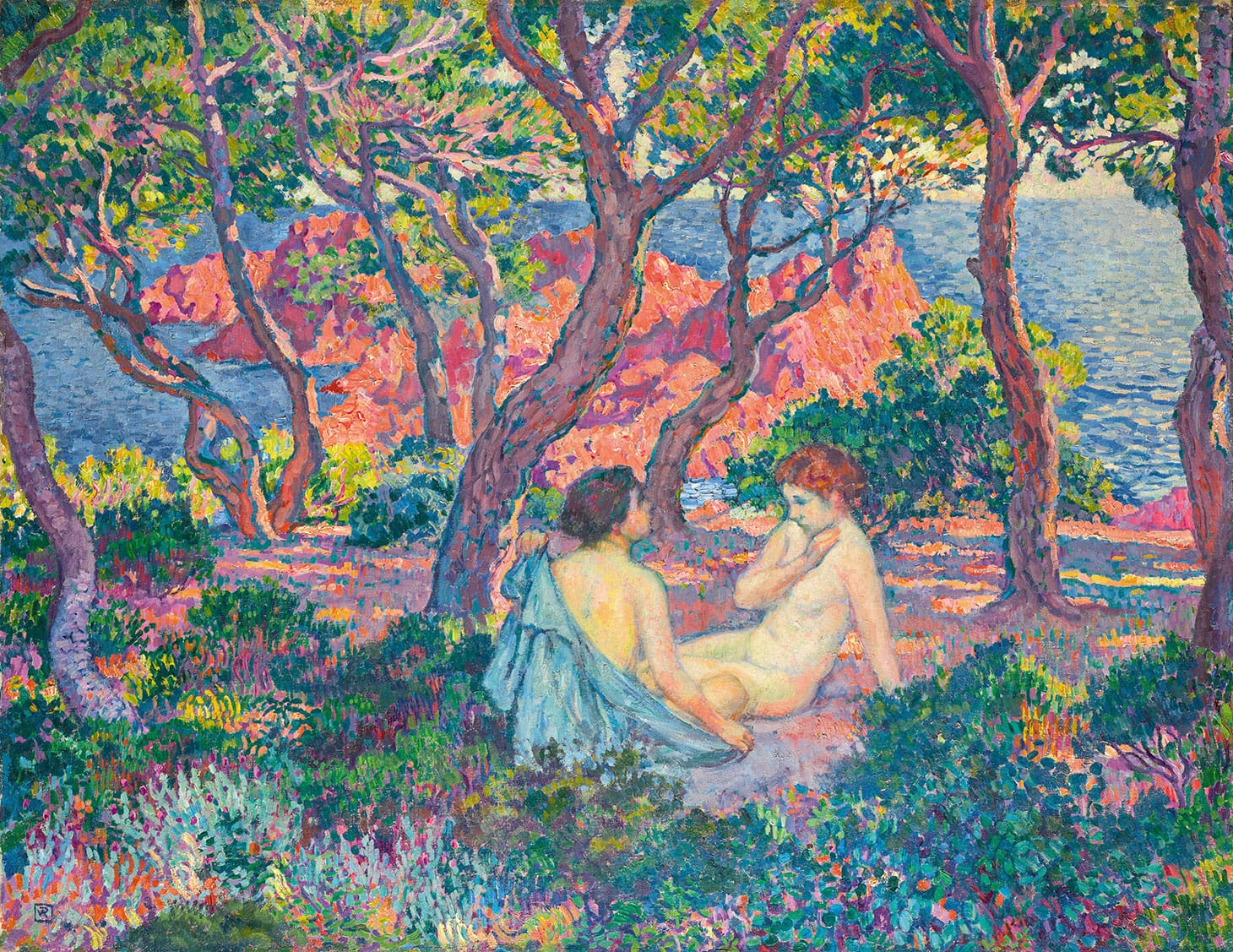 Théo van Rysselberghe, "À L'Ombre des Pins (Agay) or Sous Les Pins (Agay)" (1905), oil on canvas, 3 3/4 x 39 1/2 inches (image courtesy Sotheby's)