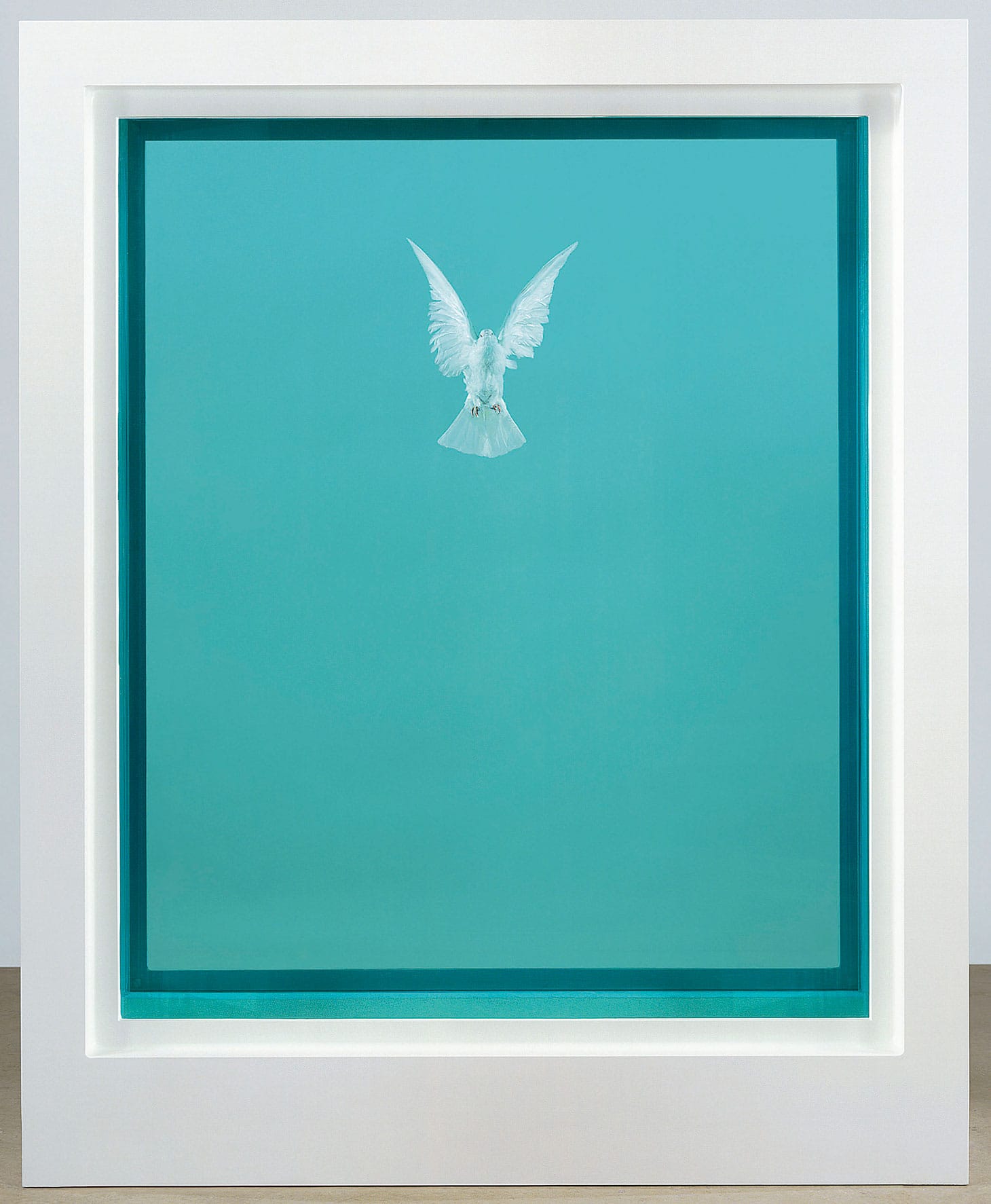 Damien Hirst, "The Incomplete Truth" (2006), glass, painted aluminium, silicone, acrylic, stainless steel, dove and formaldehyde solution, 87 3/8 x 69 1/4 x 29 1/8 inches (image courtesy Christie's)