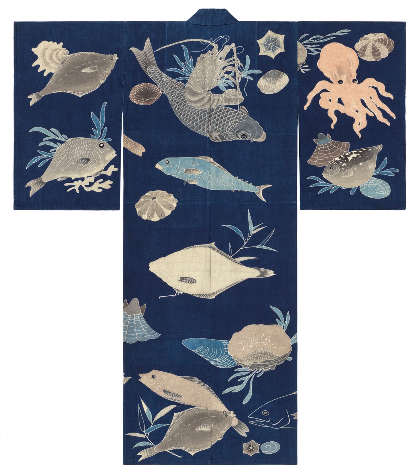 Dark blue-ground festival kimono decorated with sea creatures (back), cloth: cotton; tsutsugaki (freehand resist) (image courtesy Minneapolis Instiutute of Art)
