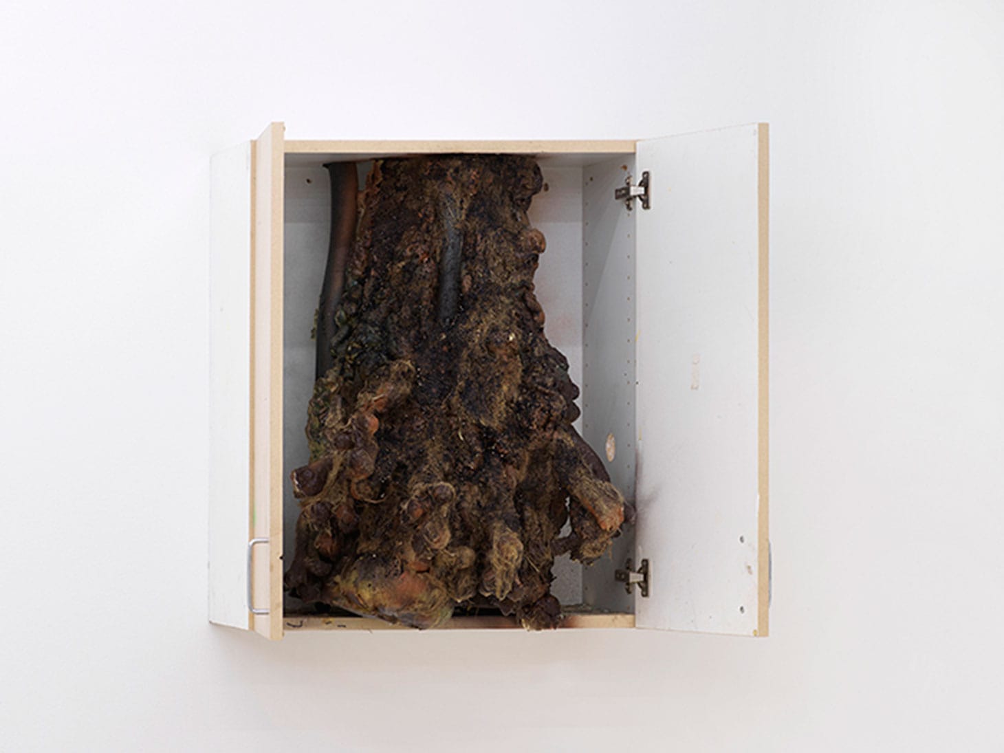 Brandon Ndife, "Arid cabinet" (2019), MDF, cast hydrocal, earth pigment, oil paint, hemp, pigmented resin, insulation foam, 29 × 31 1/4 × 24 1/2 inches (image courtesy Bureau)