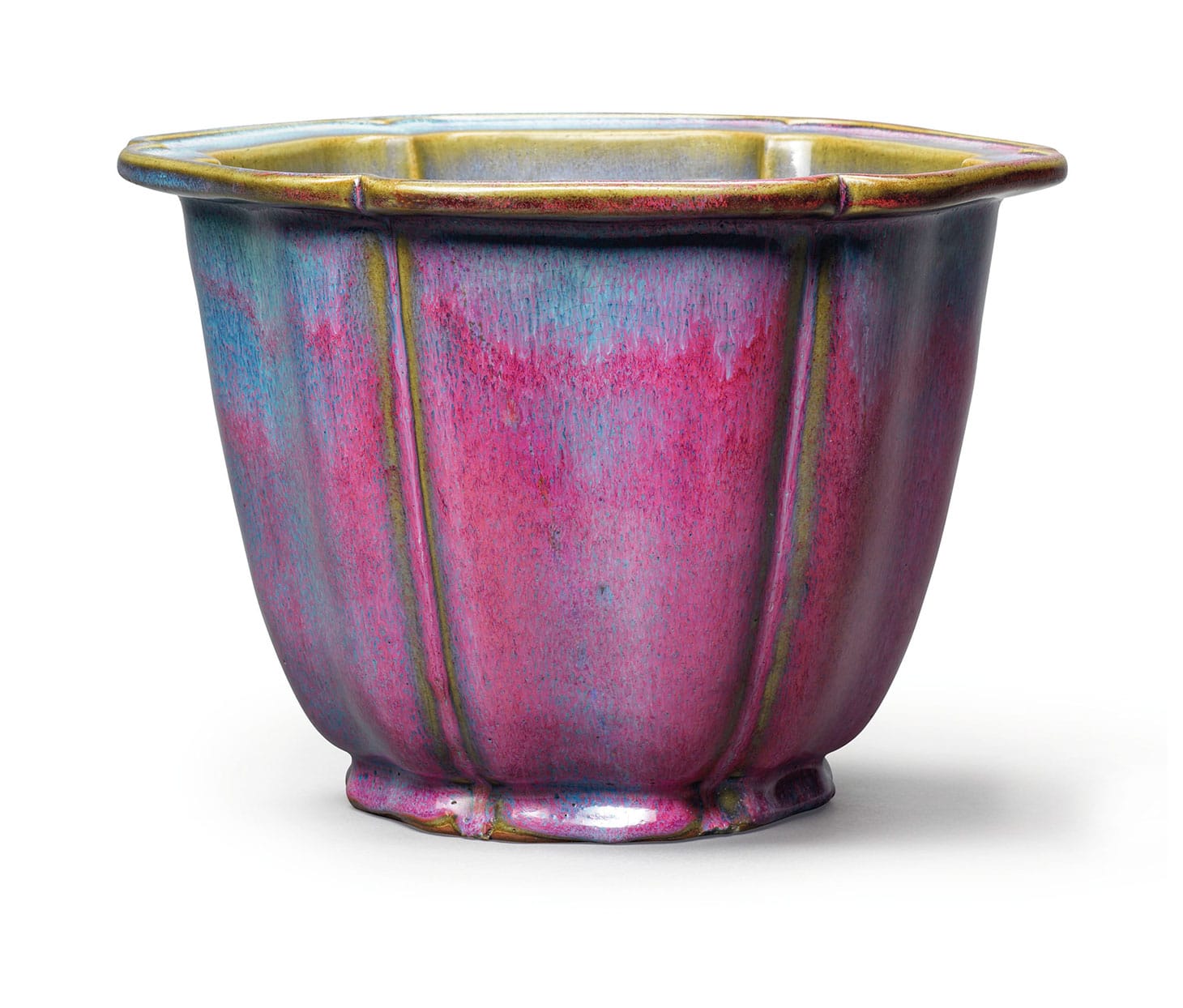 A rare and exceptional "Number Three" jun jardinière, Yuan-Ming Dynasty, 14th–15th century, double Japanese wood box (image courtesy Christie's)