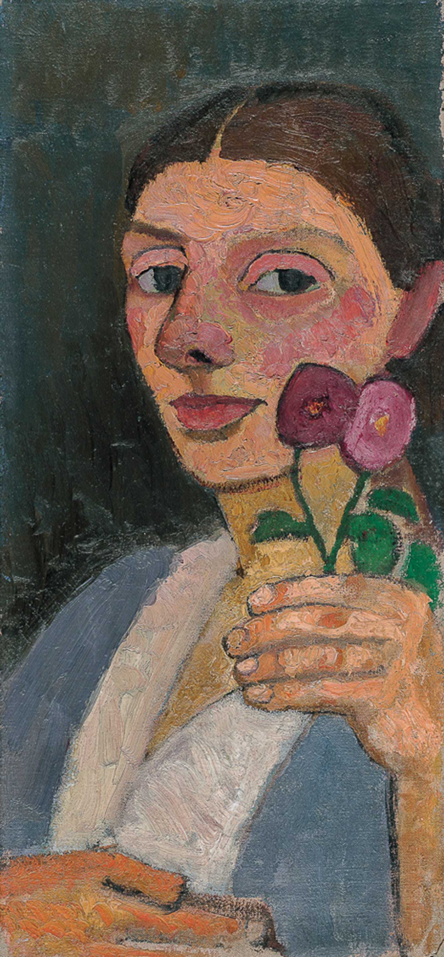 Paula Modersohn-Becker, “Self-Portrait with Two Flowers in Her Raised Left Hand” (1907), oil on canvas, 21 3/4 x 9 3/4 inches (image courtesy Neue Galerie)