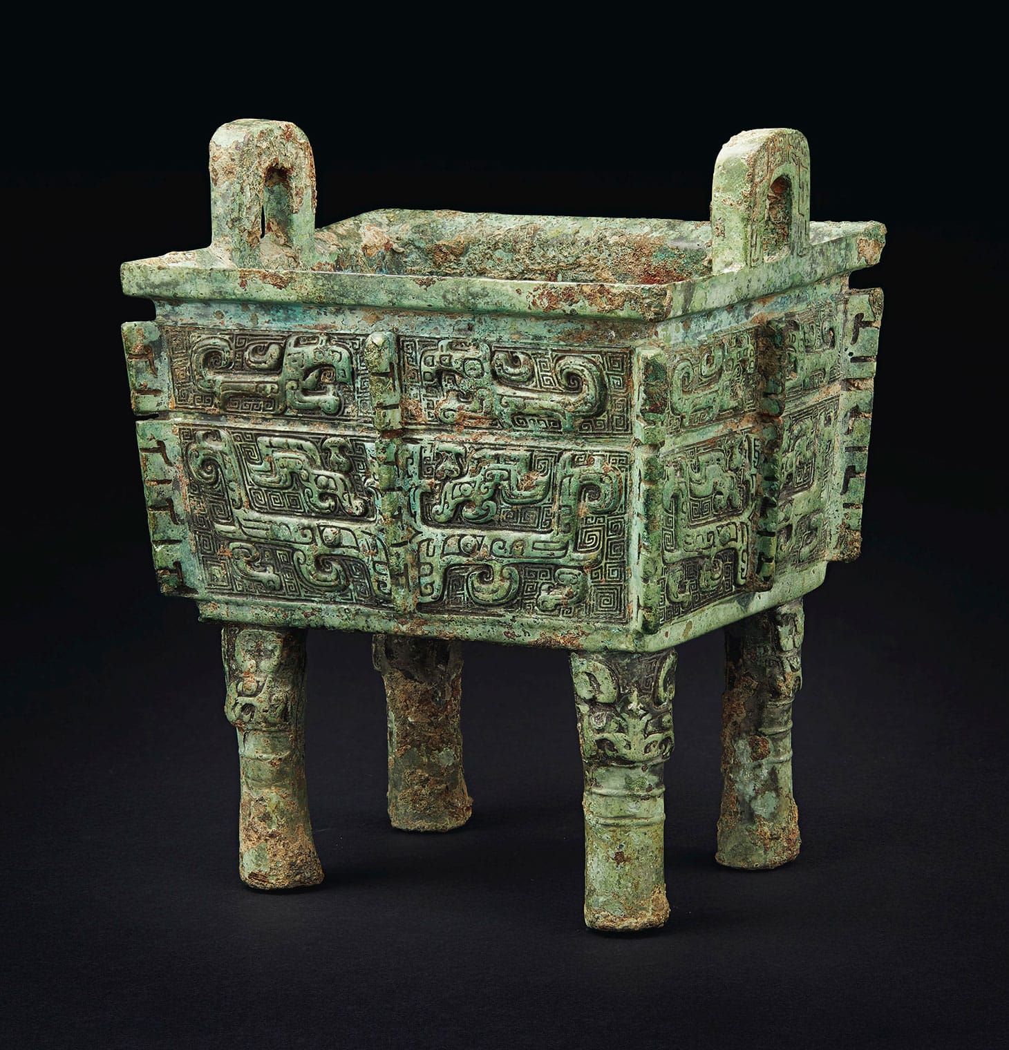 The Shao Fangding rare and important bronze rectangular ritual food vessel, late Shang Dynasty, Anyang, 11th century BCE (image courtesy Christie's)