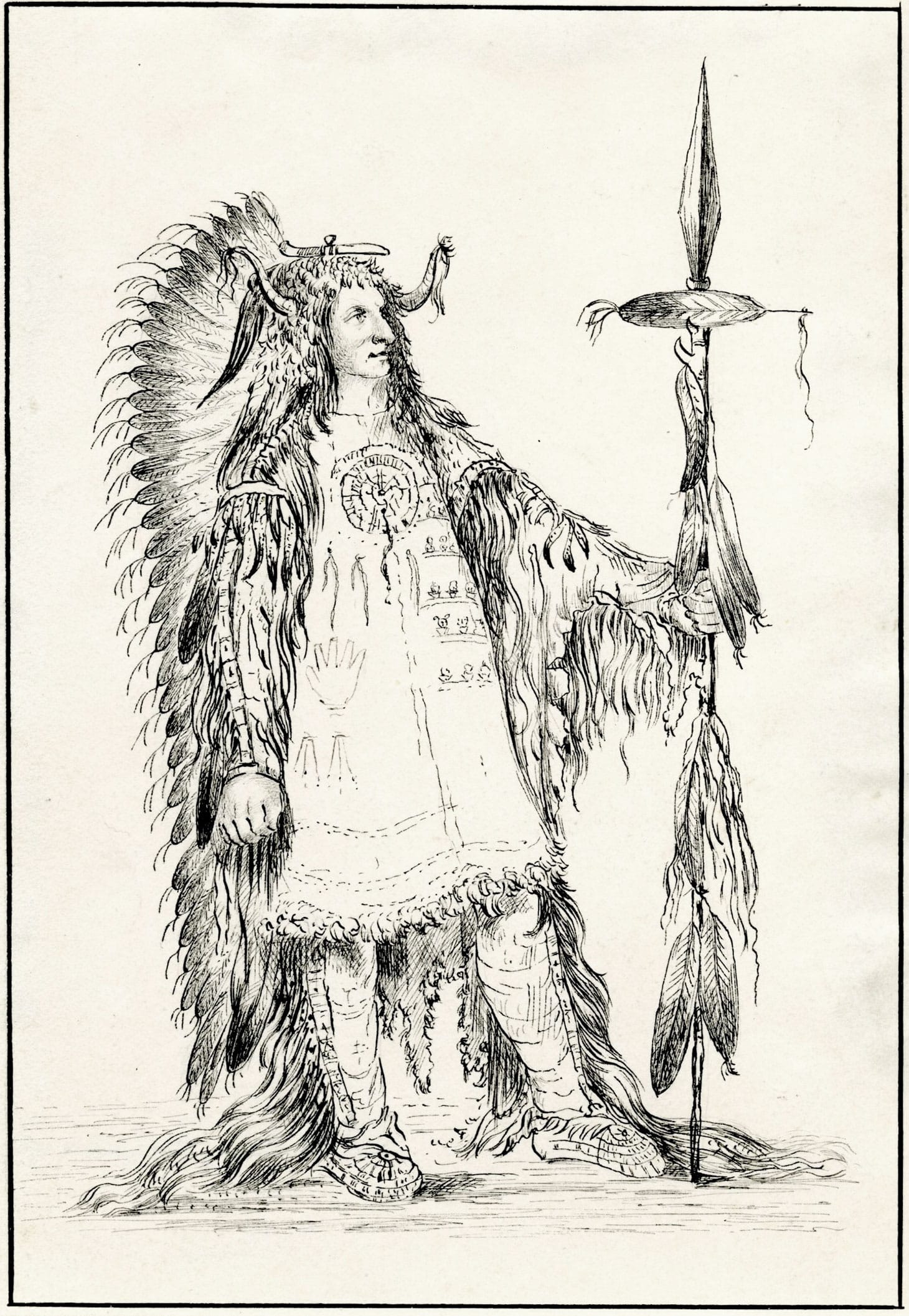 John Caspar Wild, after George Catlin, "A Mandan Chief: Máh-to- Tóh-Pa (Four Bears)" (1843), ink on paper, 7 x 7 7/8 inches (image courtesy Penn State and the John Driscoll American Drawings Collection)
