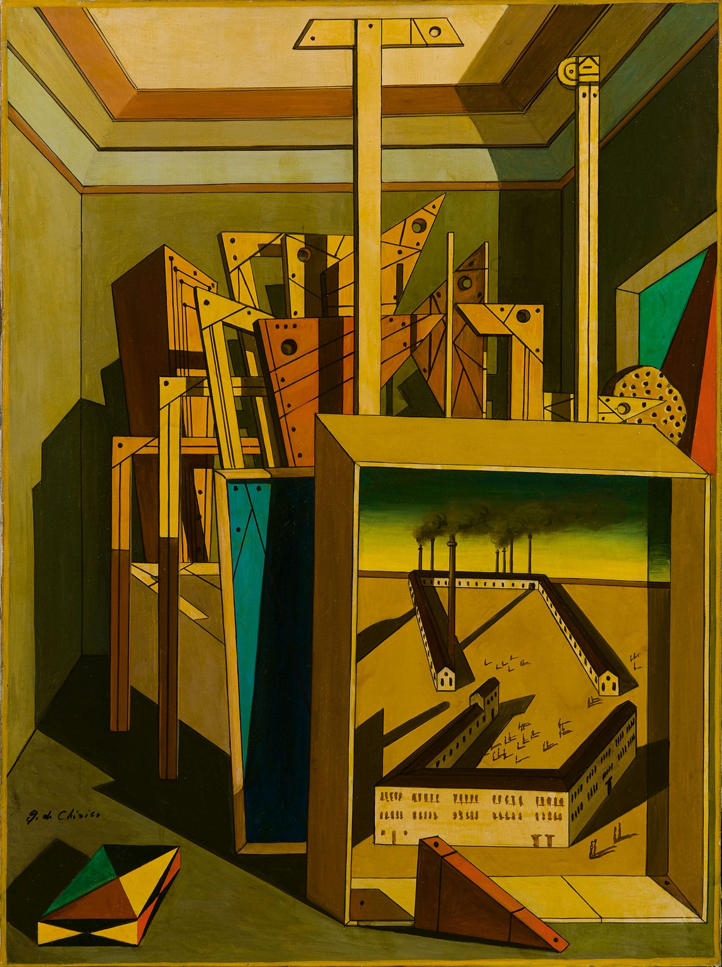Giorgio de Chirico, "Interno Metafisico con Officine" (1951–52), oil on canvas, 31 1/2 x 23 3/4 inches (image courtesy Sotheby's)