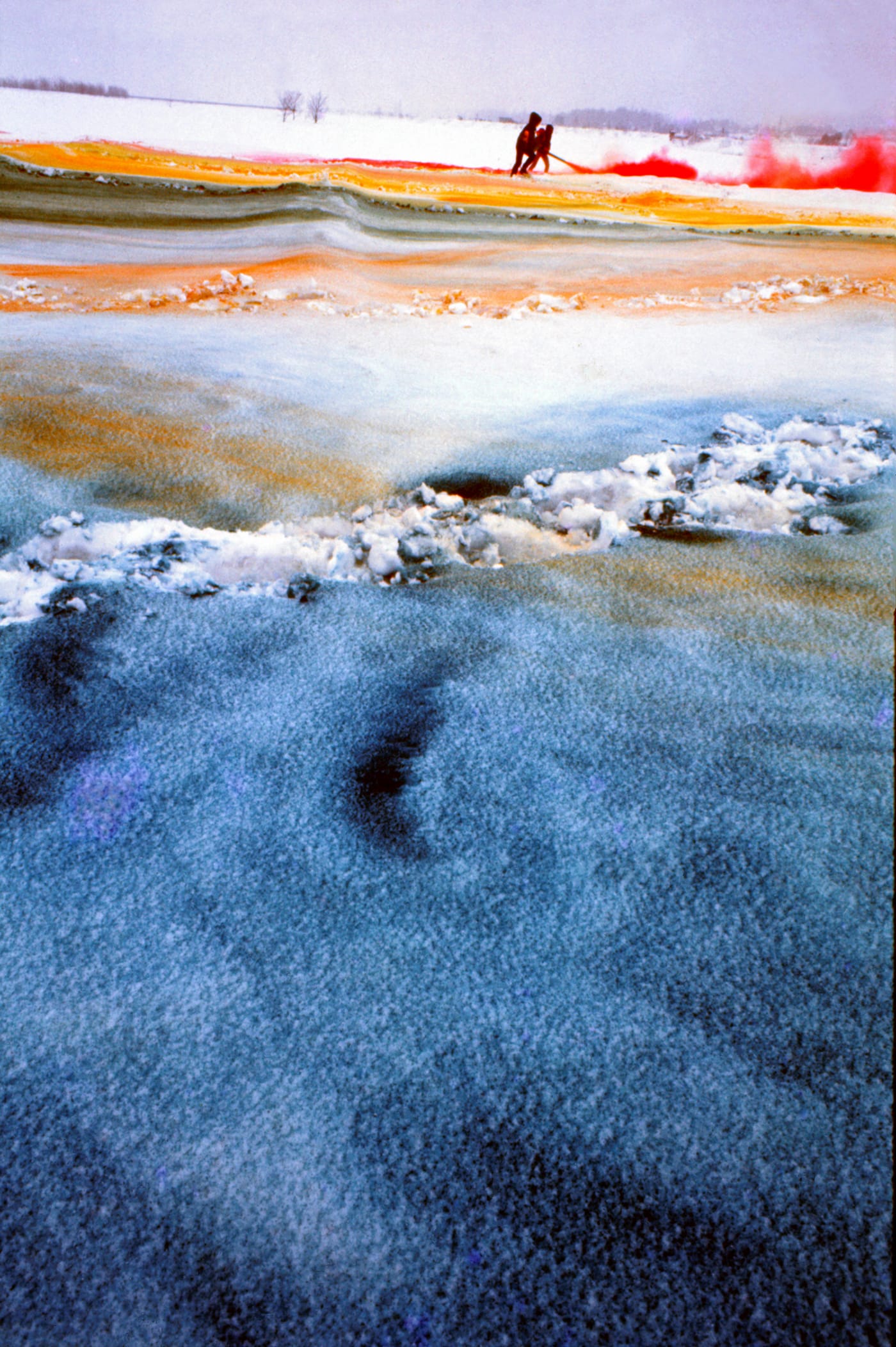 GUN, “Event to Change the Image of Snow” (1970), image from a series of documentary photographs of outdoor performance in the riverbed of the Shinano River, Niigata Prefecture, Japan (photo ©Mitsutoshi Hanaga, courtesy of Japan Society)