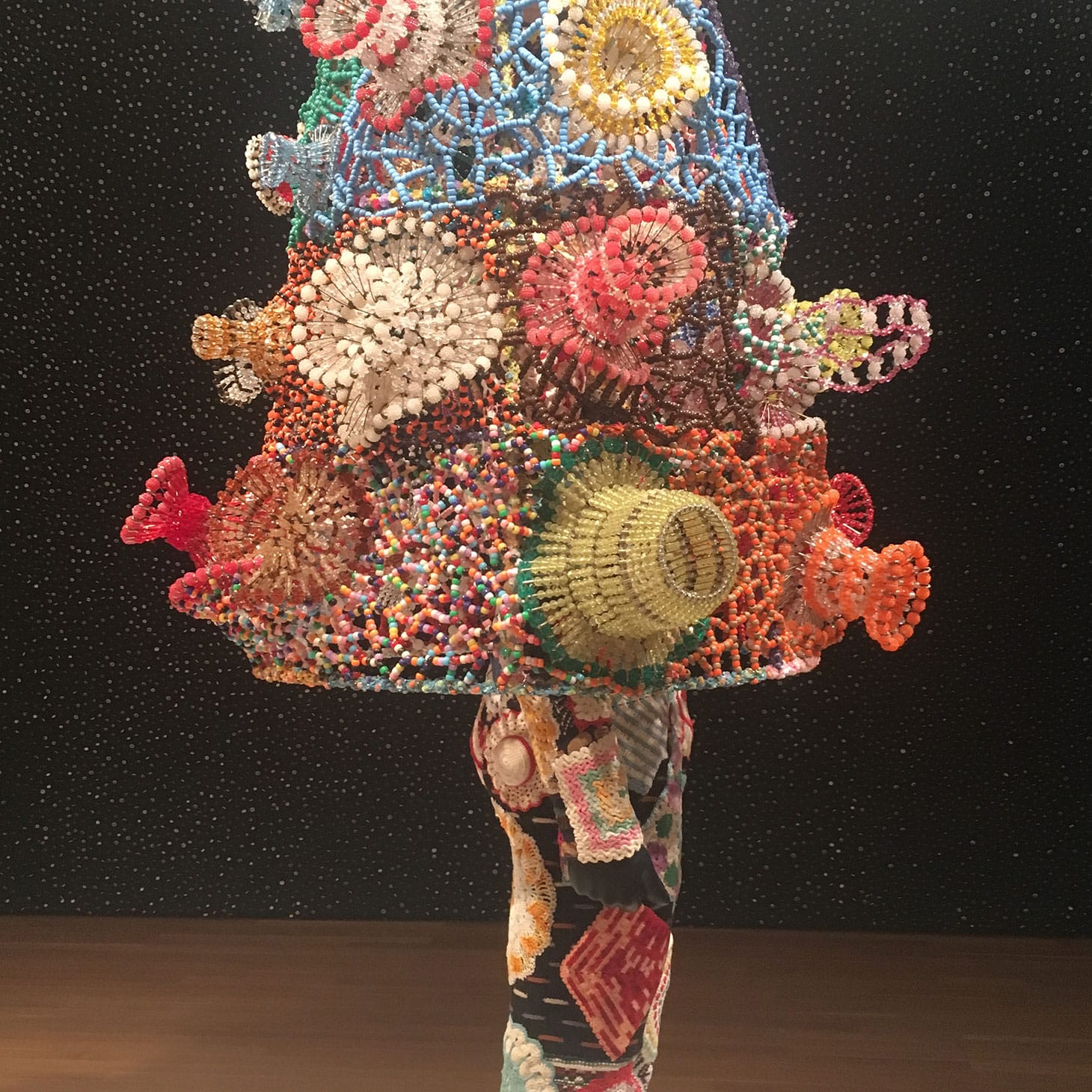 Nick Cave, “Soundsuit” (2013), mixed media, including vintage bunny, safety pin craft baskets, hot pads, fabric, metal, and mannequin , 110 x 33 x 37 inches