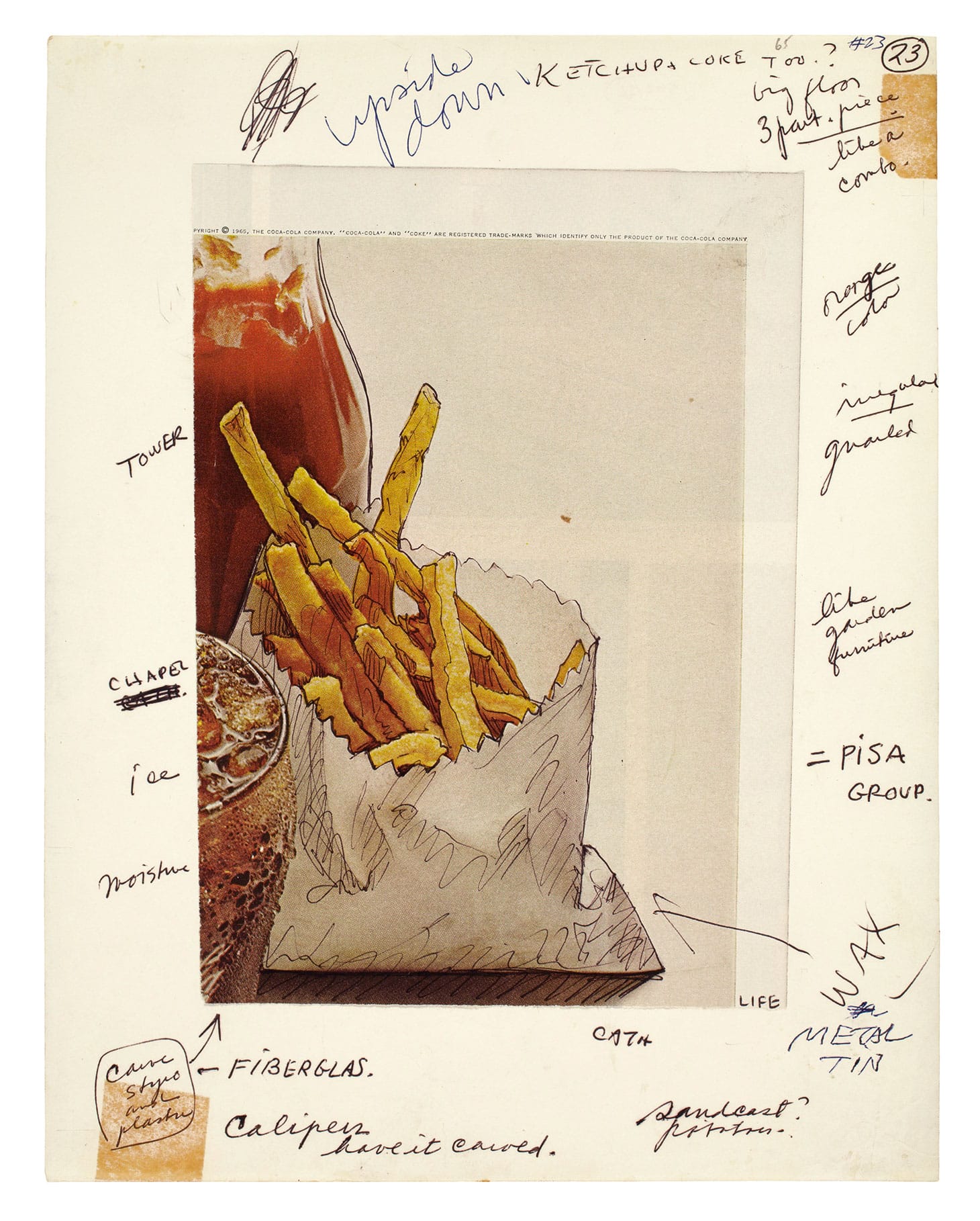 Claes Oldenburg, "Notebook Page: Shoestring Potatoes, Ketchup Bottle and Coke Glass, New York," ballpoint pen and clipping, 8 x 5 13/16 inches on sheet 11 x 8 1/2 inches (photo courtesy the Oldenburg van Bruggen Studio, Copyright 1965 Claes Oldenburg)