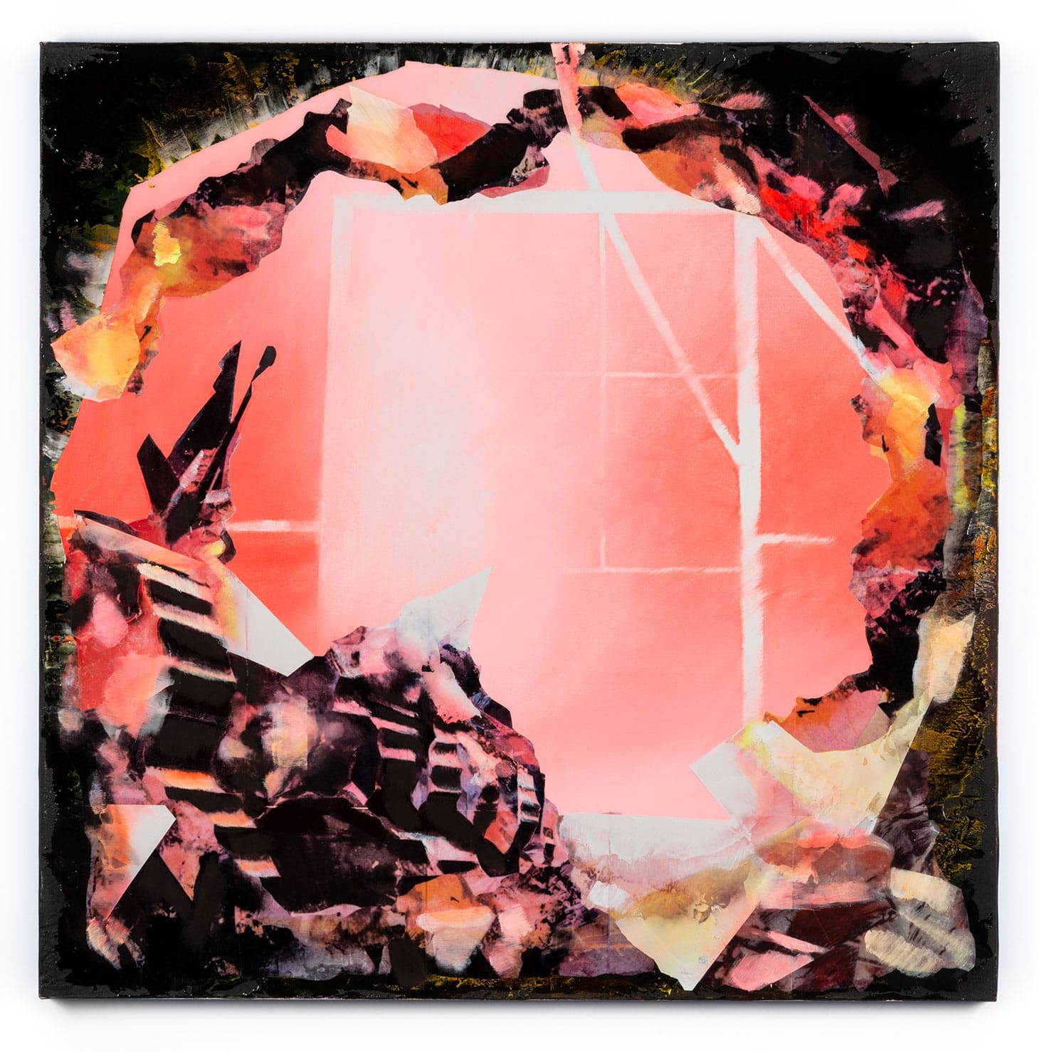 Rushern Baker IV, "Untitled (View of Collapsed Columns from Cave)" (2018), acrylic, paper, resin, and ceramic tile adhesive on canvas, 40 x 40 inches