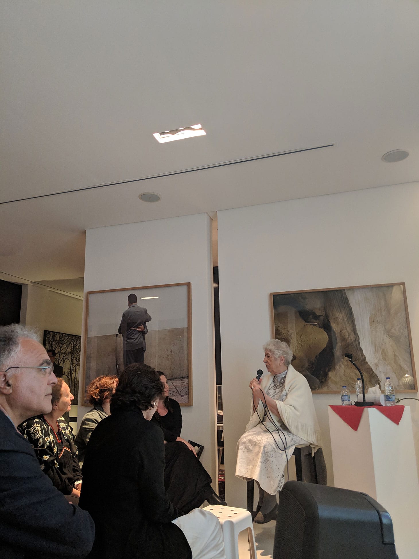 Samia Halaby speaking to the audience