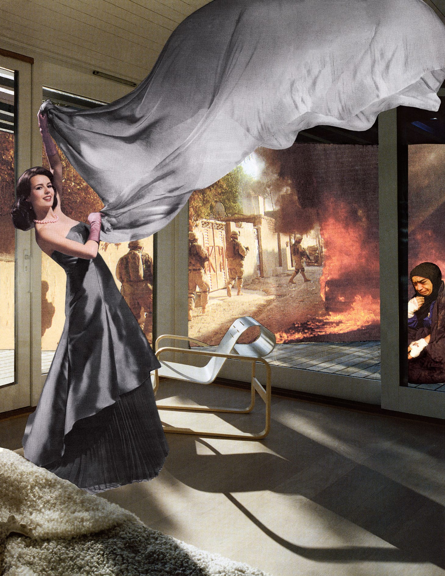 Martha Rosler, "The Gray Drape" (2008), from the series House Beautiful: Bringing the War Home, new series (2004, 2008) (image courtesy Rosler Studio)