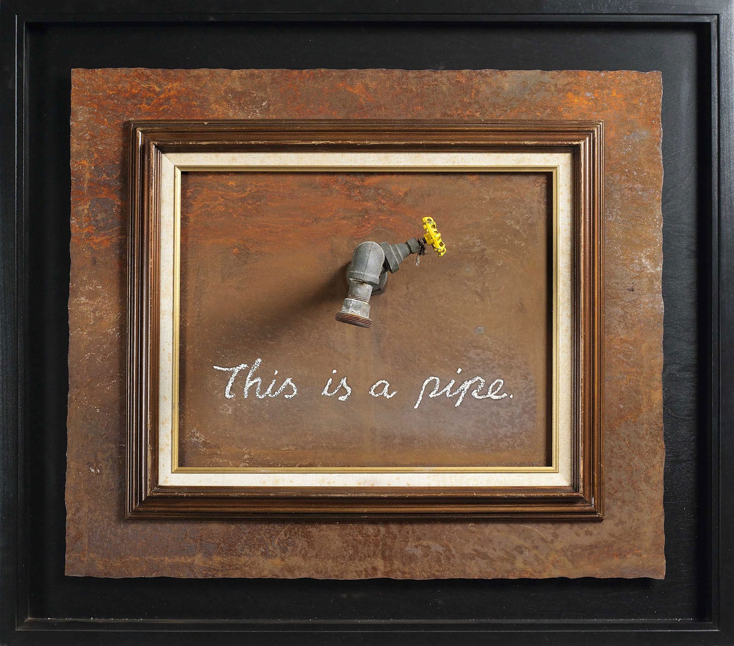 Banksy, "This is a Pipe" (2011), paint, vintage frame, and reclaimed metal artwork, 27 1/8 x 34 5/8 x 11 3/8 inches, framed 34 1/2 x 39 inches (image courtesy Christie's)