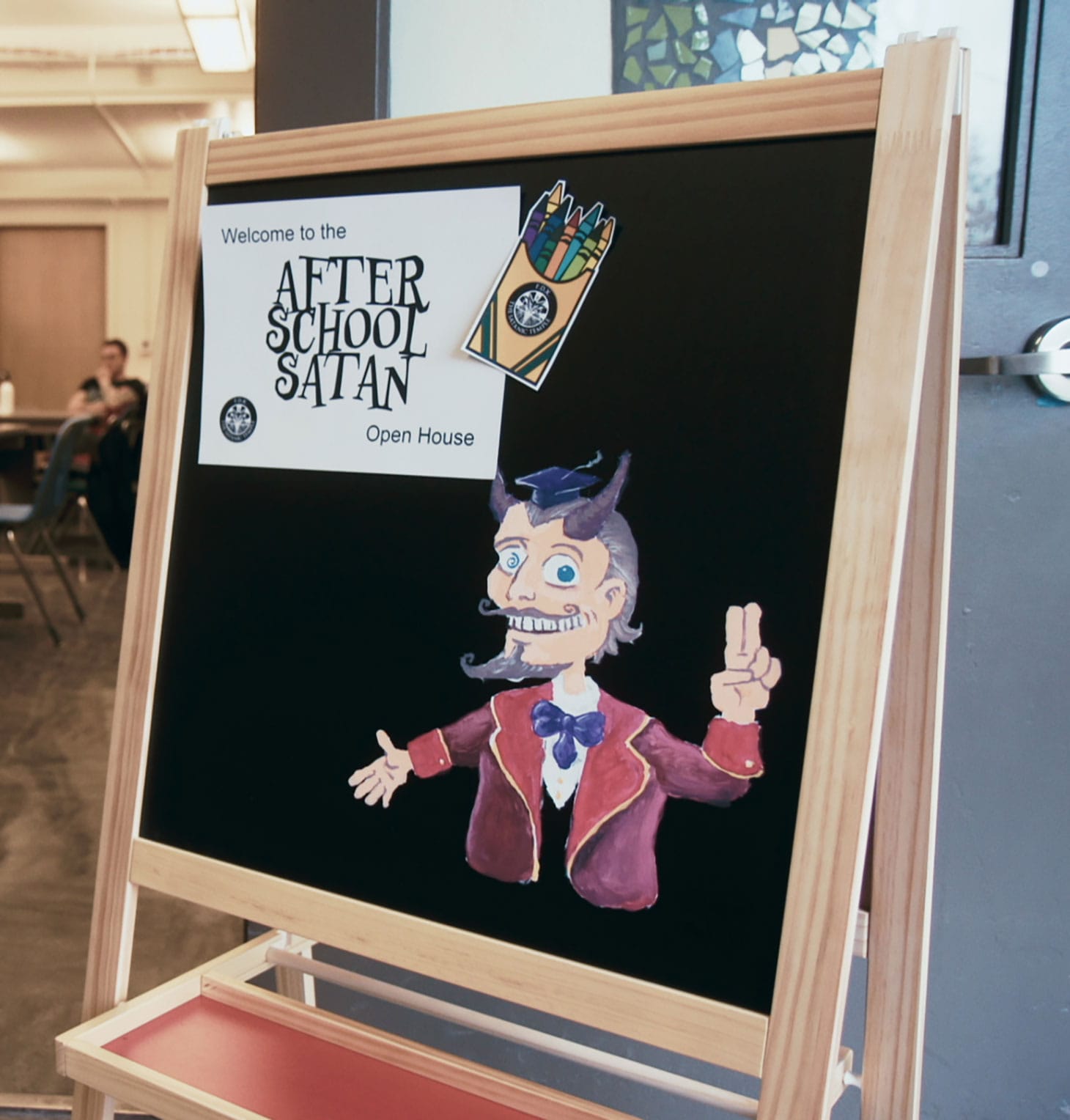 After School Satan Club open house welcome sign from <em/>Hail Satan?, a Magnolia Pictures release