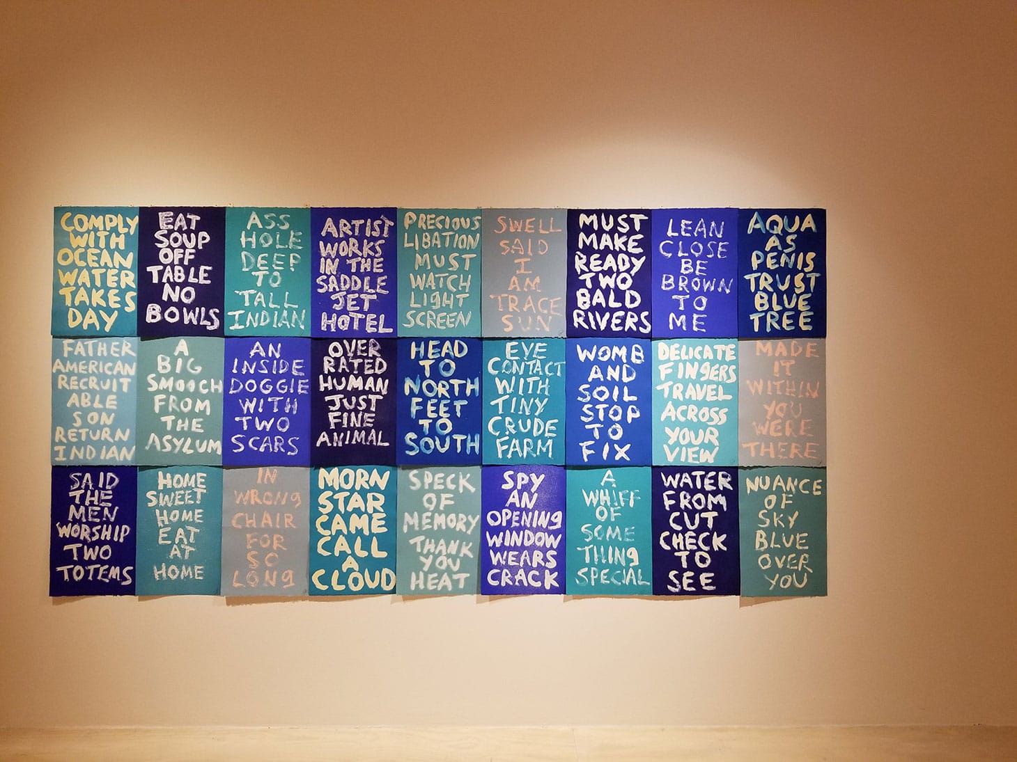 Edgar Heap of Birds, "Blue Tree" (2005–2017), monoprints on rag paper, each: 22 × 15 inches, 66 × 135 inches