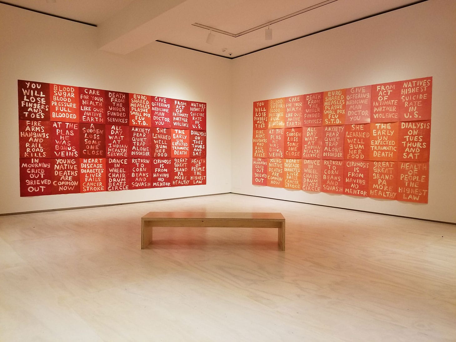 Edgar Heap of Birds, "Health of the People is the Highest Law" (2019), monoprints and ghost prints on creme rag paper, each: 30 × 22 inches, 90 × 352 inches