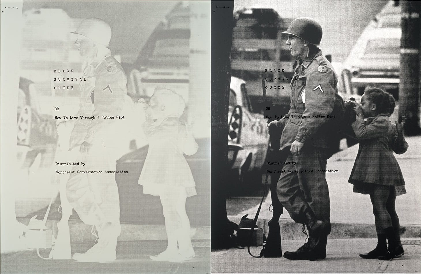 Hank Willis Thomas, "How to Live Through a Police Riot [Black Survival Guide, or How to Live Through a Police Riot]" (2018), screen print on retroreflective vinyl with aluminum backing, 62 x 48 inches, (photograph of Wilmington Riots and National Guard Occupation by Frank Fahey, 1968; courtesy <em>The News Journal</em>; text from Northeast Conservation Association, Black Survival Guide, or How to Live Through a Police Riot, c. 1960s; Daniels Collection, image courtesy the Delaware Historical Socisty, © Hank Willis Thomas)