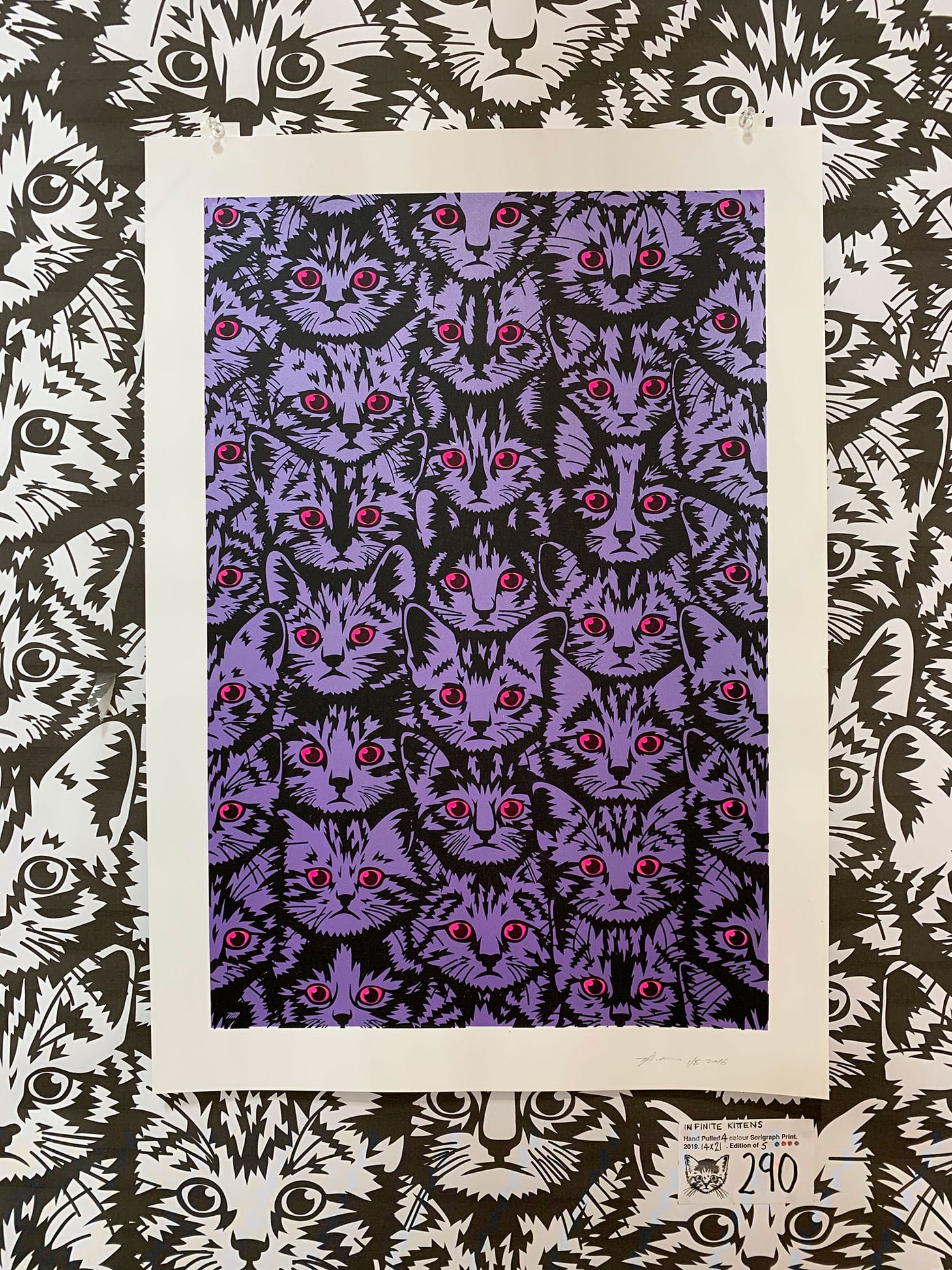 Tim Andrew, "Infinite Kittens" (2019), hand-pulled, four-color Serigraph print, 14 x 21 inches