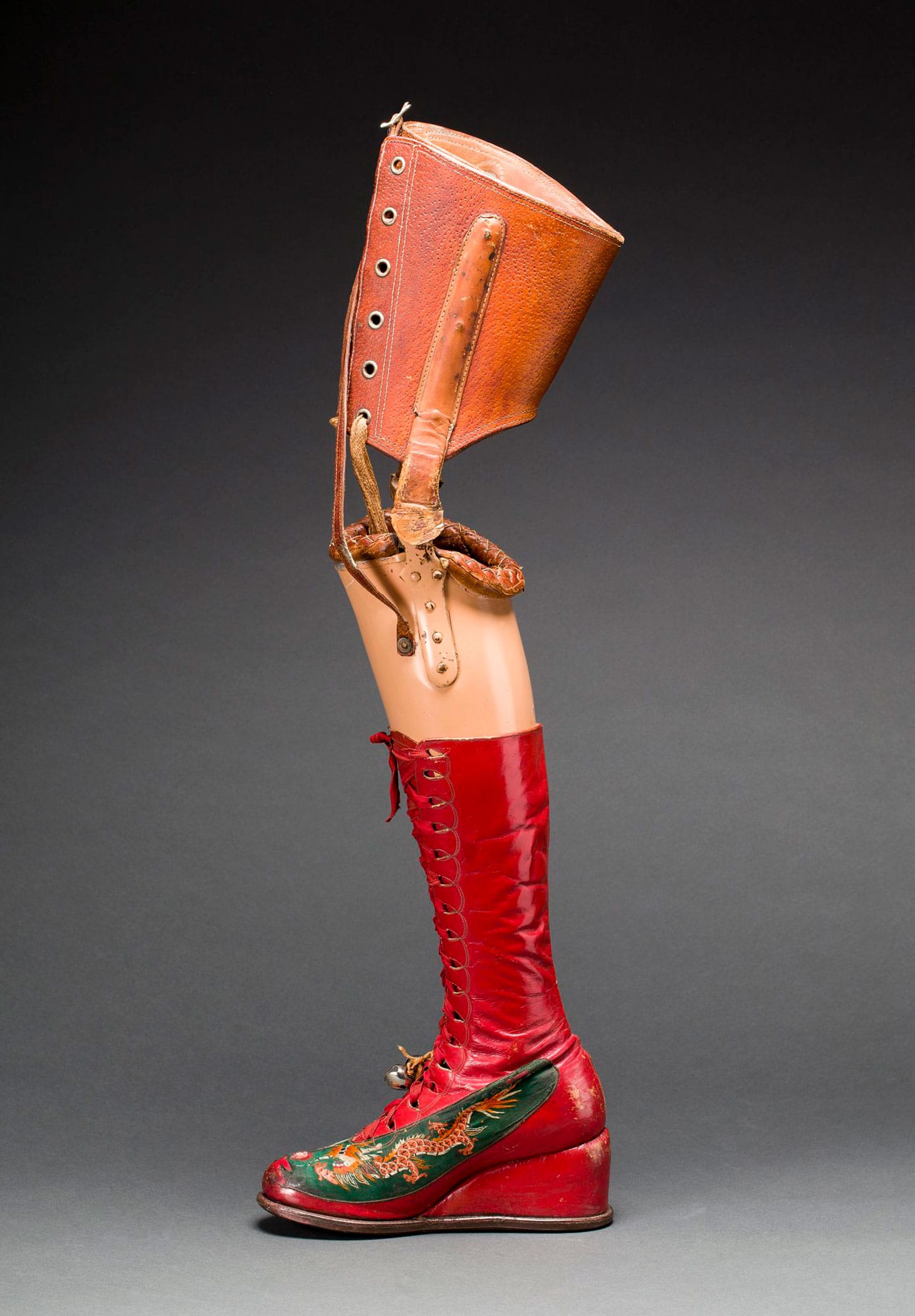 Prosthetic leg with leather boot (Museo Frida Kahlo, © Diego Rivera and Frida Kahlo Archives, Banco de México, Fiduciary of the Trust of the Diego Rivera and Frida Kahlo Museums, photo by Javier Hinojosa, image courtesy V&A Publishing)