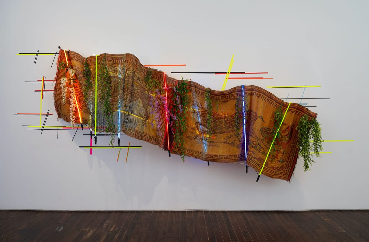 Judy Pfaff, "Travels to Bisnegar" (2025), recycled plastic carpet, imitation flowers, steel, neon, tape (all images courtesy Cristin Tierney Gallery, photos Adam Reich)