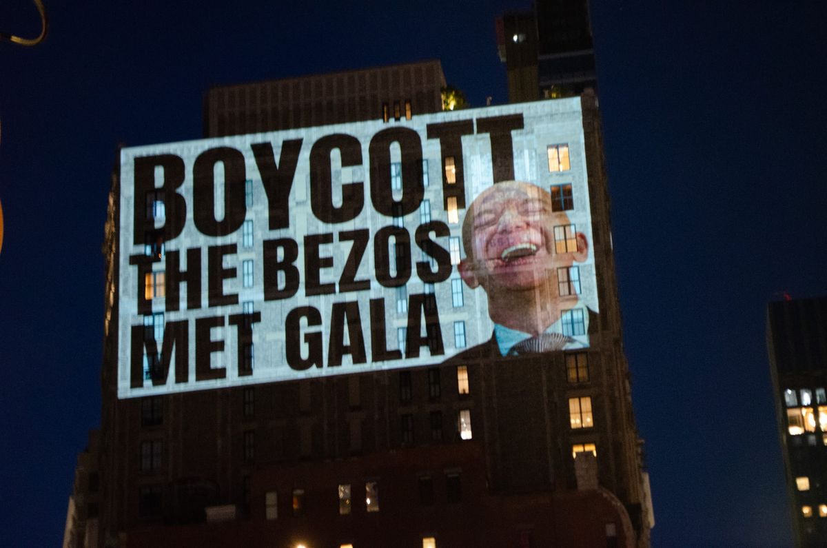 Met Gala Boycott Message Projected on Bezos's Manhattan Penthouse