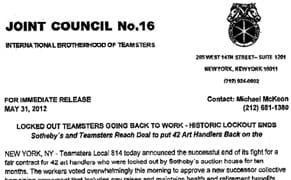 Teamsters Press Release Announcing the Sotheby's Settlement