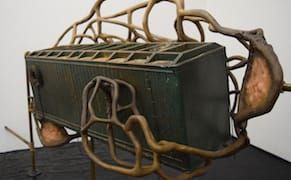 Detail of Dora Budor, "Our Children Will Have Yellow Eyes" (2015), screen-used miniature rooftop from 'Johnny Mnemonic' (1995