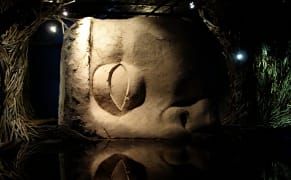 An Indoor Forest Where a Massive Head Waits in the Water