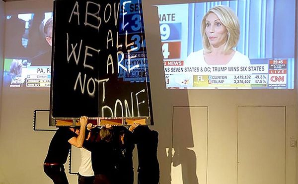 Watching Election Results Roll In While Surrounded by Political Art