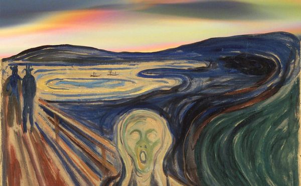 Edvard Munch, "The Scream" (1910 version, Munch Museum, via Wikimedia Commons) juxtaposed with image of nacreous clouds over