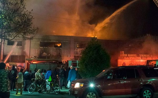 The fire at the Ghost Ship warehouse on December 2, 2017, killed 36. (photo by Julianna Brown, via Wikimedia Commons)