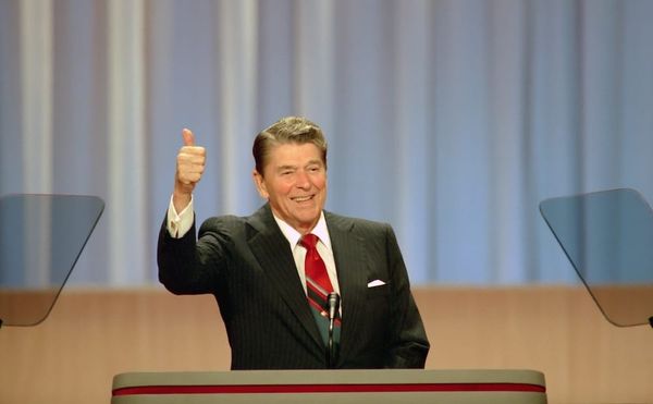 Ronald Reagan addresses the 1988 Republican National Convention, as seen in The Reagan Show, directed by Pacho Velez and Sier