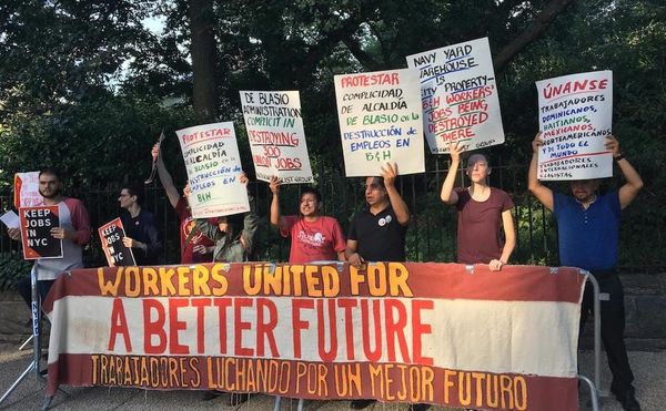 B&H Photo Video warehouse workers outside Gracie Mansion at last night's protest (photo courtesy Laundry Workers Center)