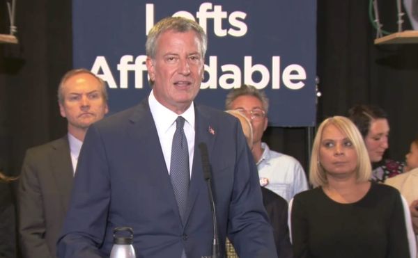 New York City Mayor Bill de Blasio during today's press conference announcing proposed revisions to the city's Loft Law (scre