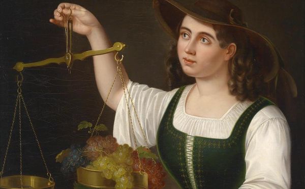 George Forster, "Eine junge Marktfrau beim Abwägen von Früchten" (1861), Dorotheum (via Wikimedia Commons)