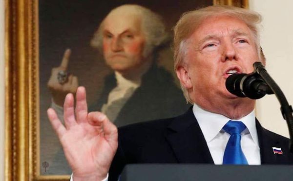 One of the viral images of President Trump, with a photoshopped portrait of George Washington (via @JaimsVanDerBeek/Twitter)