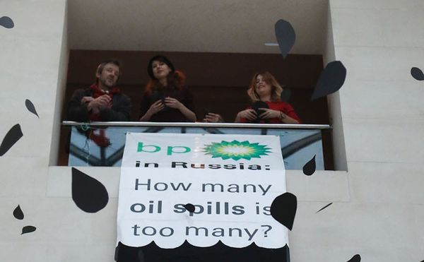Activist theater group BP Or Not BP? drop thousands of paper oil drops in the British Museum in protest of BP's sponsorship o