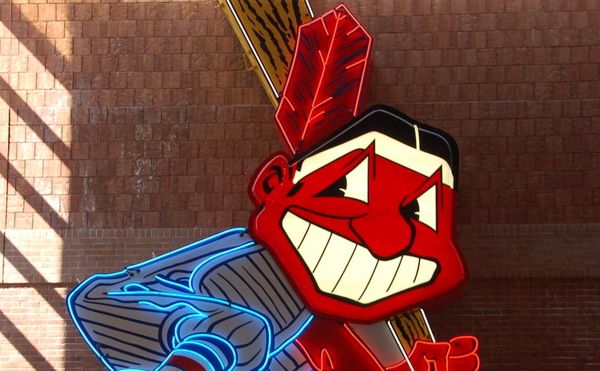 The 28-foot-high Chief Wahoo logo from the Cleveland Indians' former home, Municipal Stadium, on permanent display at Western