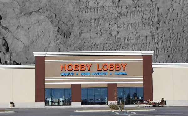 A Hobby Lobby location in Georgia and one of the seized cuneiform tablets (illustration by Benjamin Sutton/Hyperallergic)