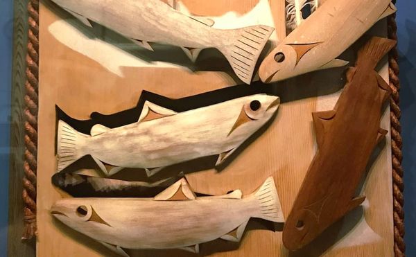 Tim Paul (Hesquiaht Nuu-chah-nulth), "Summer Seasonal Moon" (ca 2000), cedarwood, cedar bark, paint, feathers, National Museu