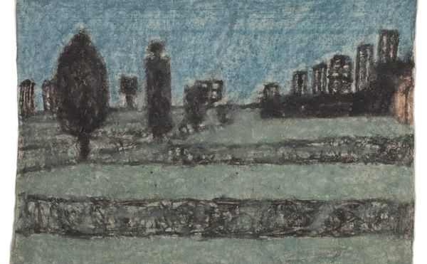 James Charles Castle, "Untitled (landscape with columnar forms)" (nd), found paper, color of unknown origin, soot, 5 x 6 3/4